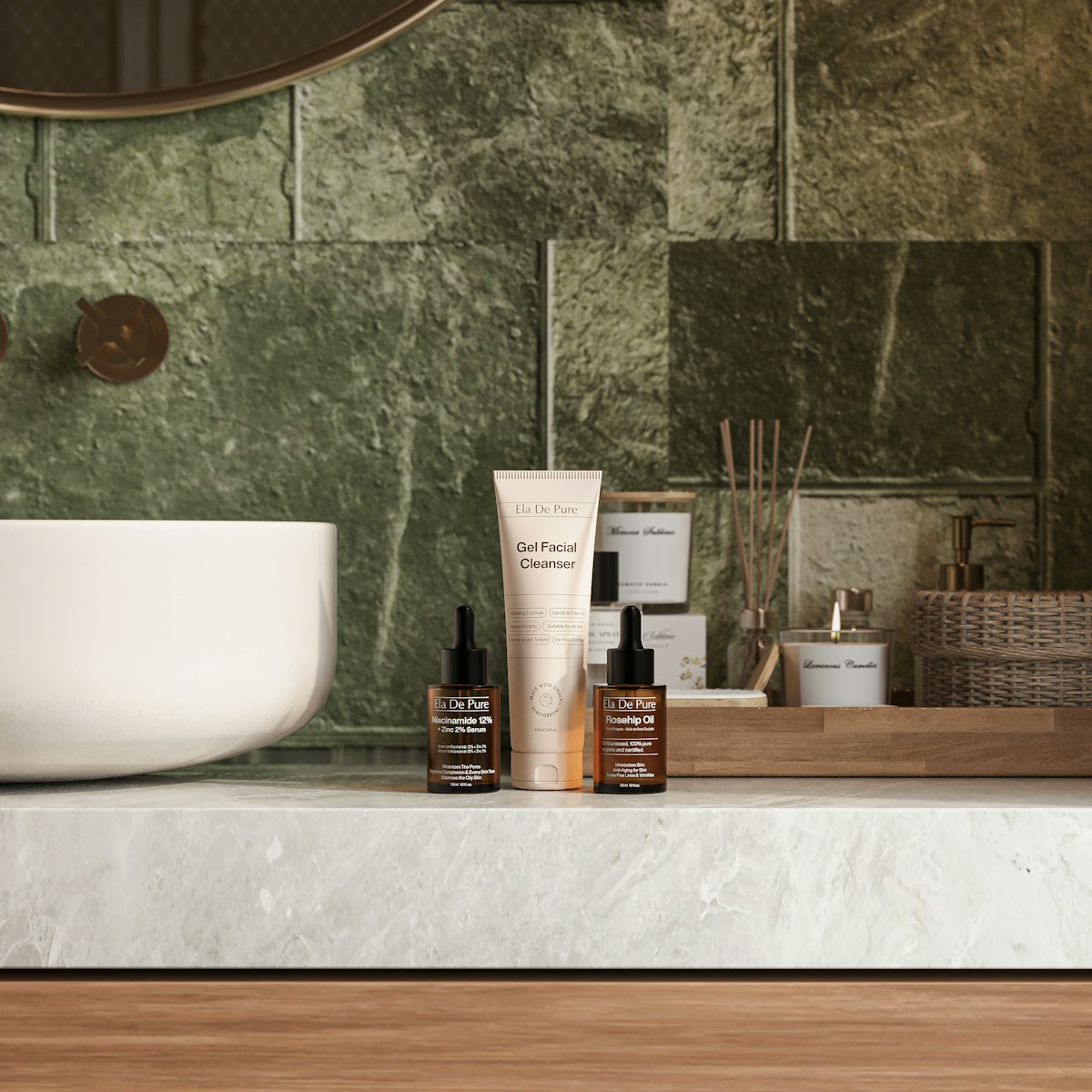 Bộ sản phẩm chăm sóc da Luméa: sữa rửa mặt, serum, kem dưỡng ẩm và kem chống nắng bên lá xanh